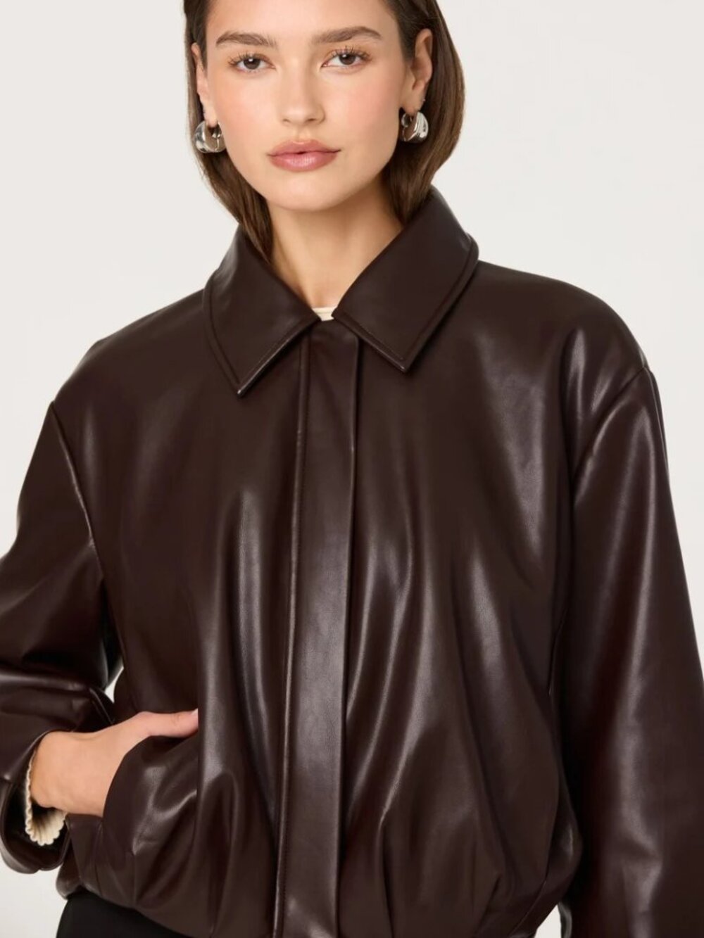 NEW ASTR The Label Raevin Faux Leather Bomber Jacket in Dark Brown
